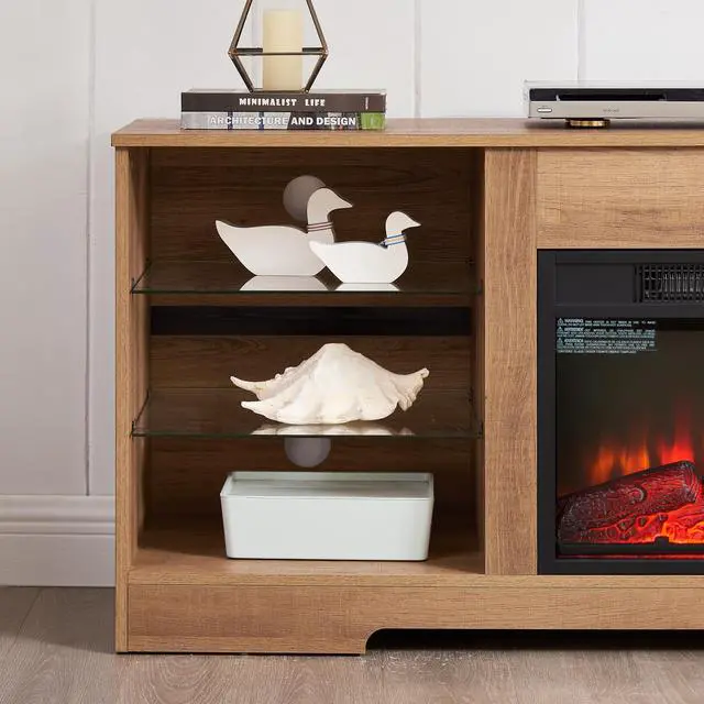 Alt view image 2 of 2 - TV Stand Electric Fireplace  Glass Shelves, 3D Fireplace TV Stand with LED Lights Wood with USB Charging Outlet Modern Television Table Center for TV up to 62" OAK 58''W*15.5''D*24.4