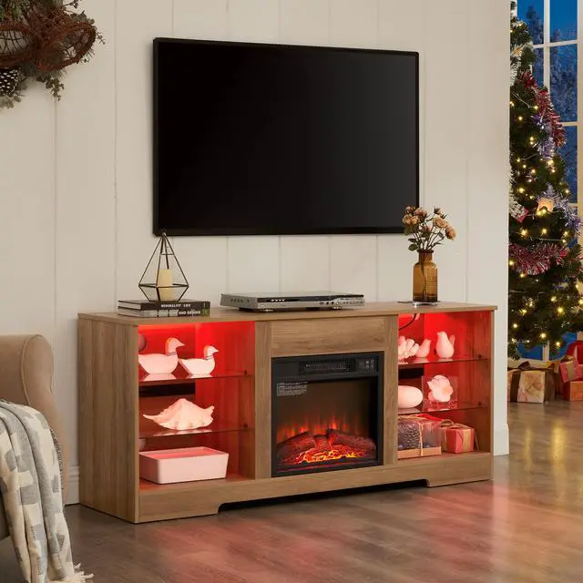 Main image of TV Stand Electric Fireplace  Glass Shelves, 3D Fireplace TV Stand with LED Lights Wood with USB Charging Outlet Modern Television Table Center for TV up to 62" OAK 58''W*15.5''D*24.4