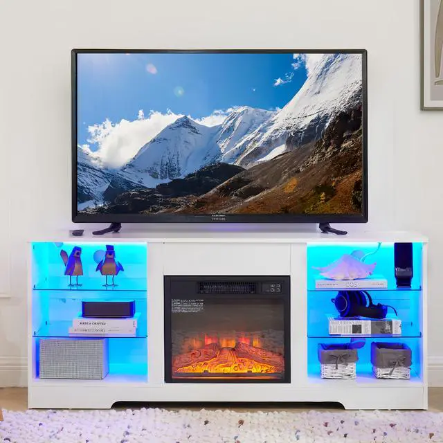 Main image of TV Stand Electric Fireplace  Glass Shelves, 3D Fireplace TV Stand with LED Lights Wood with USB Charging Outlet Modern Television Table Center for TV up to 62" White, 58''W*15.5''D*24.4
