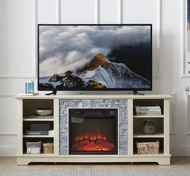 Main image of Mantel Electric Fireplace Stone TV Media Stand, Open Storage Modern Entertainment Console  Space with 18" Fireplace Insert, White, 58.31"W*15.39"D*26.06"H