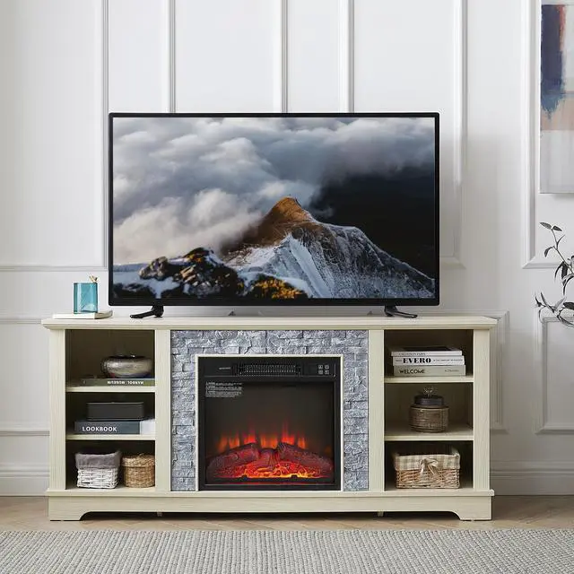 Alt view image 2 of 6 - Mantel Electric Fireplace Stone TV Media Stand, Open Storage Modern Entertainment Console  Space with 18" Fireplace Insert, White, 58.31"W*15.39"D*26.06"H