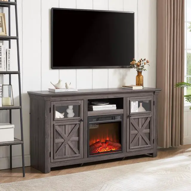 Alt view image 3 of 3 - 2 Doors Cabinet Farmhouse  Cabinet, Farmhouse TV Stand Barn Design,Farmhouse TV Media Stand, Large Barn Inspired Home Entertainment Console with 18" fireplace insert,GREY, 60.23"W*15.35"D*31.7"H