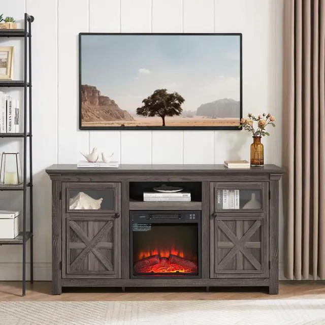 Alt view image 2 of 3 - 2 Doors Cabinet Farmhouse  Cabinet, Farmhouse TV Stand Barn Design,Farmhouse TV Media Stand, Large Barn Inspired Home Entertainment Console with 18" fireplace insert,GREY, 60.23"W*15.35"D*31.7"H