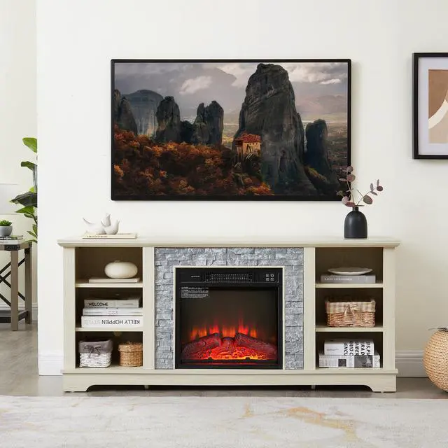 Alt view image 3 of 6 - Mantel Electric Fireplace Stone TV Media Stand, Open Storage Modern Entertainment Console  Space with 18" Fireplace Insert, White, 58.31"W*15.39"D*26.06"H