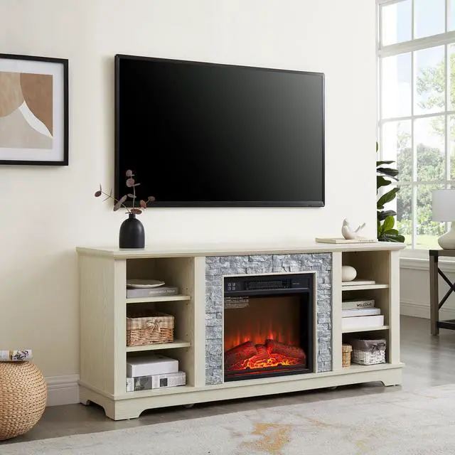 Alt view image 4 of 6 - Mantel Electric Fireplace Stone TV Media Stand, Open Storage Modern Entertainment Console  Space with 18" Fireplace Insert, White, 58.31"W*15.39"D*26.06"H