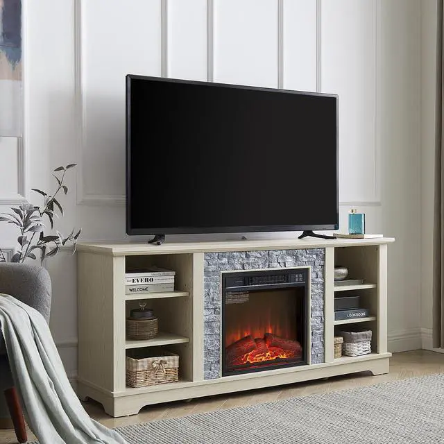 Alt view image 5 of 6 - Mantel Electric Fireplace Stone TV Media Stand, Open Storage Modern Entertainment Console  Space with 18" Fireplace Insert, White, 58.31"W*15.39"D*26.06"H