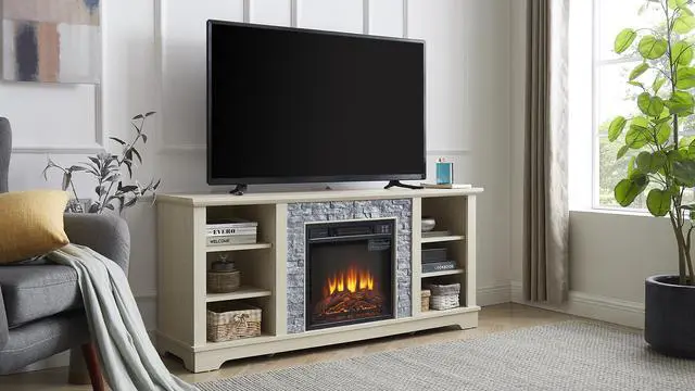 Alt view image 6 of 6 - Mantel Electric Fireplace Stone TV Media Stand, Open Storage Modern Entertainment Console  Space with 18" Fireplace Insert, White, 58.31"W*15.39"D*26.06"H