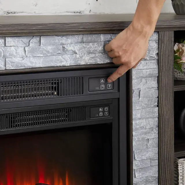 Alt view image 4 of 4 - Large TV Desk Storage Rack with Faux Stacked Stone Surround,Media Console Table with Large Storage Cabinet,Modern  TV Stand with 23" Fireplace Insert,GREY, 70.12"W*15.35"D*25.83"H