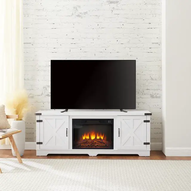 Alt view image 2 of 7 - Modern Farmhouse TV Media Stand, Large Barn Inspired Home Entertainment Console, with 23" Fireplace Insert, for TV Up to 70'', with Open Shelves and Closed Cabinets, White, 64.8"W*15.67"D*24.29"H