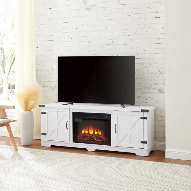 Alt view image 3 of 7 - Modern Farmhouse TV Media Stand, Large Barn Inspired Home Entertainment Console, with 23" Fireplace Insert, for TV Up to 70'', with Open Shelves and Closed Cabinets, White, 64.8"W*15.67"D*24.29"H