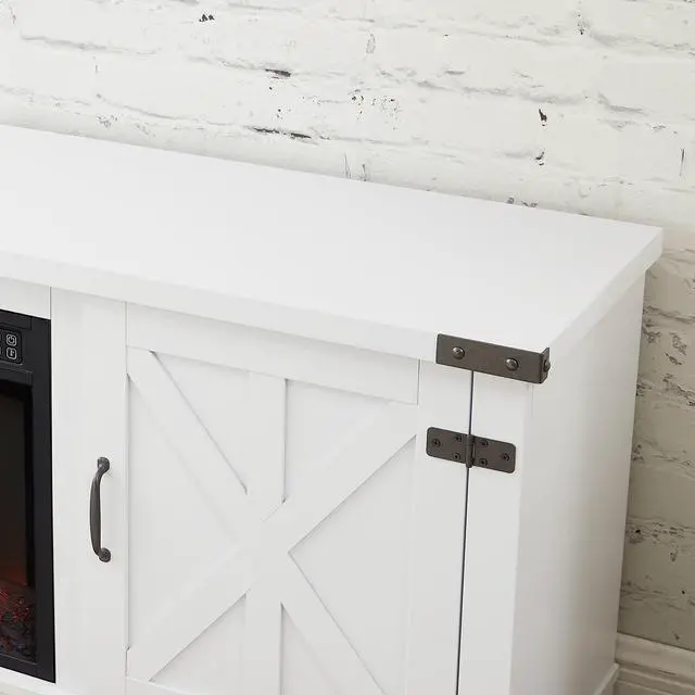 Alt view image 5 of 7 - Modern Farmhouse TV Media Stand, Large Barn Inspired Home Entertainment Console, with 23" Fireplace Insert, for TV Up to 70'', with Open Shelves and Closed Cabinets, White, 64.8"W*15.67"D*24.29"H