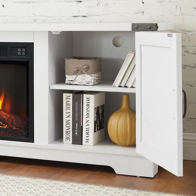 Alt view image 7 of 7 - Modern Farmhouse TV Media Stand, Large Barn Inspired Home Entertainment Console, with 23" Fireplace Insert, for TV Up to 70'', with Open Shelves and Closed Cabinets, White, 64.8"W*15.67"D*24.29"H
