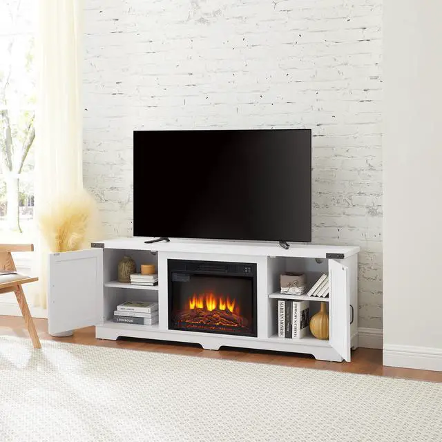 Alt view image 4 of 7 - Modern Farmhouse TV Media Stand, Large Barn Inspired Home Entertainment Console, with 23" Fireplace Insert, for TV Up to 70'', with Open Shelves and Closed Cabinets, White, 64.8"W*15.67"D*24.29"H