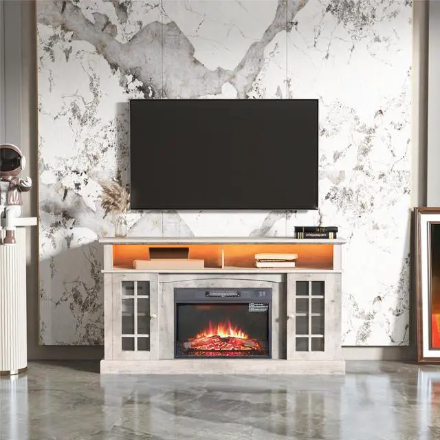 Main image of TVstand,media console,storage cabinet,entertainment center,with electronicfireplace,Install theLEDBluetooth band,using the latest infrared heating technology,electronic flame beautiful,safe color:Gray