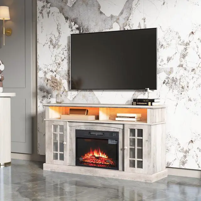 Alt view image 2 of 7 - TVstand,media console,storage cabinet,entertainment center,with electronicfireplace,Install theLEDBluetooth band,using the latest infrared heating technology,electronic flame beautiful,safe color:Gray