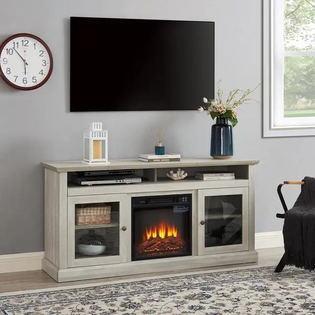 Alt view image 2 of 7 - Contemporary TV Media Stand Modern Entertainment Console with 18" Fireplace Insert for TV Up to 65" with Open and Closed Storage Space, Stone Gray, 60"W*15.75"D*29"H