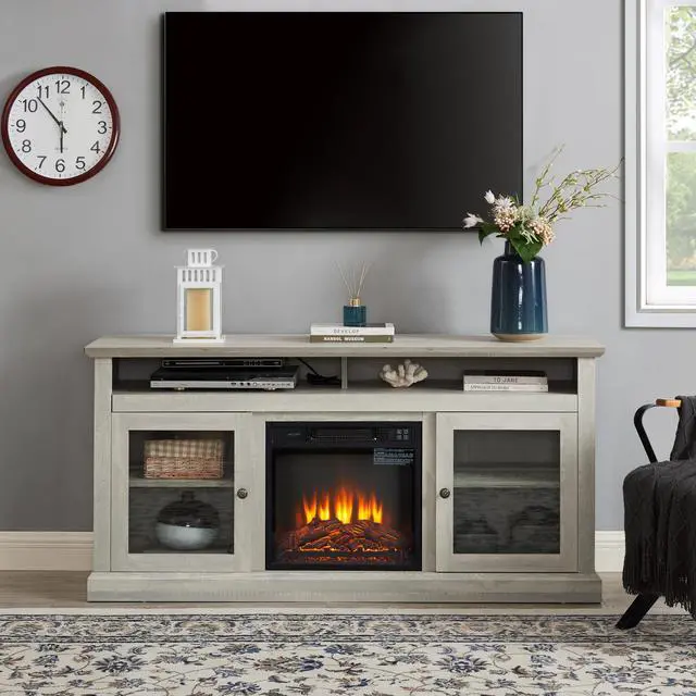 Main image of Contemporary TV Media Stand Modern Entertainment Console with 18" Fireplace Insert for TV Up to 65" with Open and Closed Storage Space, Stone Gray, 60"W*15.75"D*29"H
