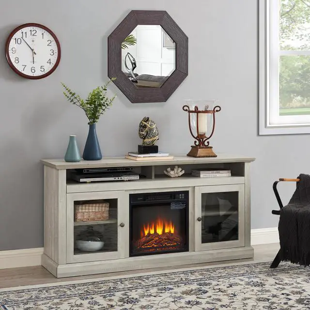 Alt view image 3 of 7 - Contemporary TV Media Stand Modern Entertainment Console with 18" Fireplace Insert for TV Up to 65" with Open and Closed Storage Space, Stone Gray, 60"W*15.75"D*29"H