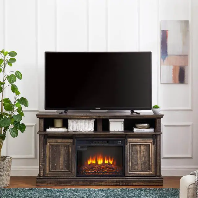 Main image of Modern Entertainment Console TV Stand with 23" Fireplace Insert, Multipurpose Sliding Door TV Cabinet Large Storage Space, 58.11"W*15.79"D*32.36"H Antique brown