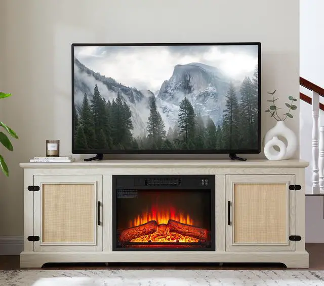 Main image of Natural Rattan Door Cabinet with Adjustable Shelf Wood, Farmhouse Rattan TV Stand Console Table for TVs up to 70 Inches, Storage tv stand with 23" fireplace insert, 65"W*15.55"D*23.86"H, White