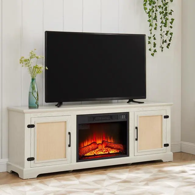 Alt view image 2 of 6 - Natural Rattan Door Cabinet with Adjustable Shelf Wood, Farmhouse Rattan TV Stand Console Table for TVs up to 70 Inches, Storage tv stand with 23" fireplace insert, 65"W*15.55"D*23.86"H, White
