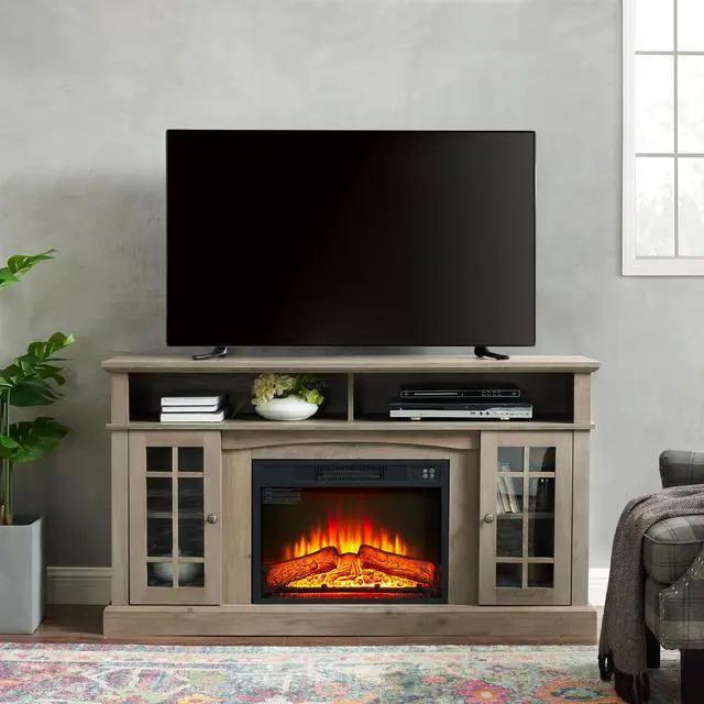 Main image of Classic TV Media Stand Modern Entertainment Console with 23" Fireplace Inset for TV Up to 65" with Open and Closed Storage Space, Gray Wash, 58.25"W*15.75"D*32"H