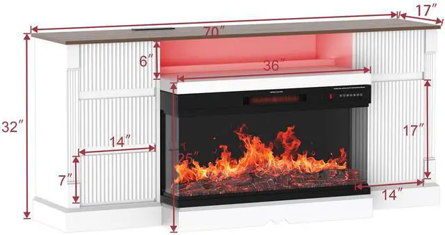 Alt view image 2 of 7 - Modern 3-Sided Glass TV Stand with Electric Fireplace for TVs up to 80", Entertainment Center with LED Lights, Storage Cabinet & Drawers for Living Room