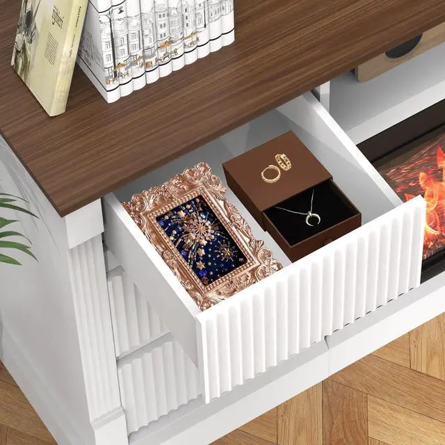 Alt view image 3 of 7 - Modern 3-Sided Glass TV Stand with Electric Fireplace for TVs up to 80", Entertainment Center with LED Lights, Storage Cabinet & Drawers for Living Room