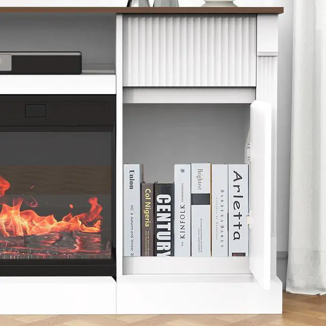 Alt view image 4 of 7 - Modern 3-Sided Glass TV Stand with Electric Fireplace for TVs up to 80", Entertainment Center with LED Lights, Storage Cabinet & Drawers for Living Room