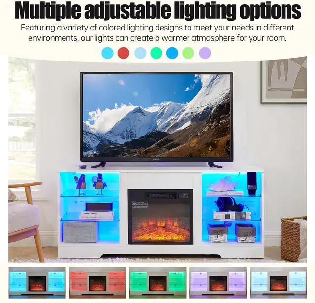 Alt view image 2 of 7 - TV Stand Electric Fireplace TV Stand with Glass Shelves, 3D Fireplace TV Stand with LED Lights Wood with USB Charging Outlet Modern Television Table Center for TV up to 32-62" White 58''W*15.4''D*24.4
