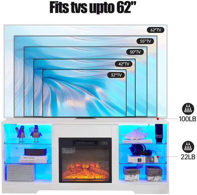 Alt view image 3 of 7 - TV Stand Electric Fireplace TV Stand with Glass Shelves, 3D Fireplace TV Stand with LED Lights Wood with USB Charging Outlet Modern Television Table Center for TV up to 32-62" White 58''W*15.4''D*24.4