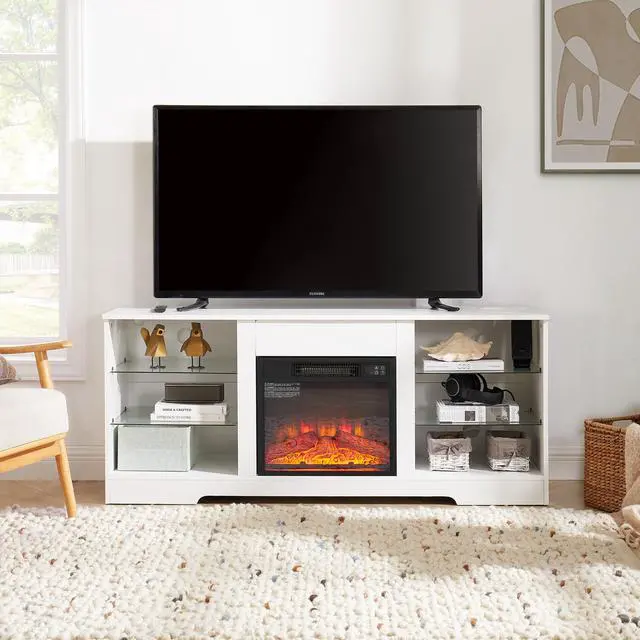 Alt view image 4 of 7 - TV Stand Electric Fireplace TV Stand with Glass Shelves, 3D Fireplace TV Stand with LED Lights Wood with USB Charging Outlet Modern Television Table Center for TV up to 32-62" White 58''W*15.4''D*24.4