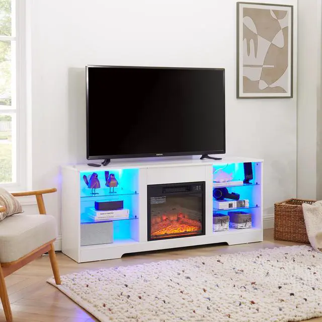 Alt view image 6 of 7 - TV Stand Electric Fireplace TV Stand with Glass Shelves, 3D Fireplace TV Stand with LED Lights Wood with USB Charging Outlet Modern Television Table Center for TV up to 32-62" White 58''W*15.4''D*24.4