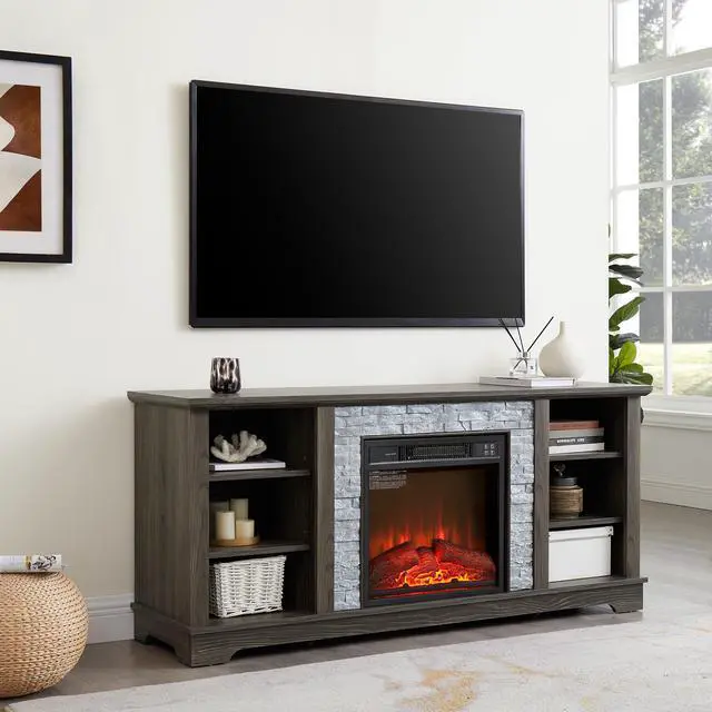 Alt view image 3 of 4 - Mantel Electric Fireplace Stone TV Media Stand with Faux Stacked Stone Surround, Modern Entertainment Console with Open Storage Space with 18" Fireplace Insert ,Grey, 58.31"W*15.39"D*26.06"H