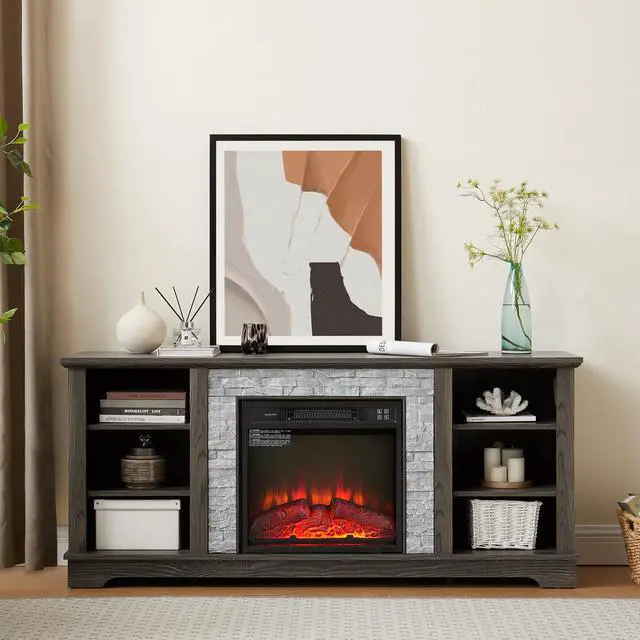 Alt view image 4 of 4 - Mantel Electric Fireplace Stone TV Media Stand with Faux Stacked Stone Surround, Modern Entertainment Console with Open Storage Space with 18" Fireplace Insert ,Grey, 58.31"W*15.39"D*26.06"H