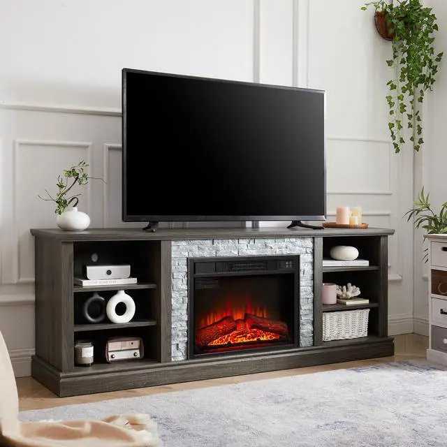 Alt view image 3 of 4 - Large TV Desk Storage Rack with Faux Stacked Stone Surround,Media Console Table with Large Storage Cabinet,Modern  TV Stand with 23" Fireplace Insert,GREY, 70.12"W*15.35"D*25.83"H