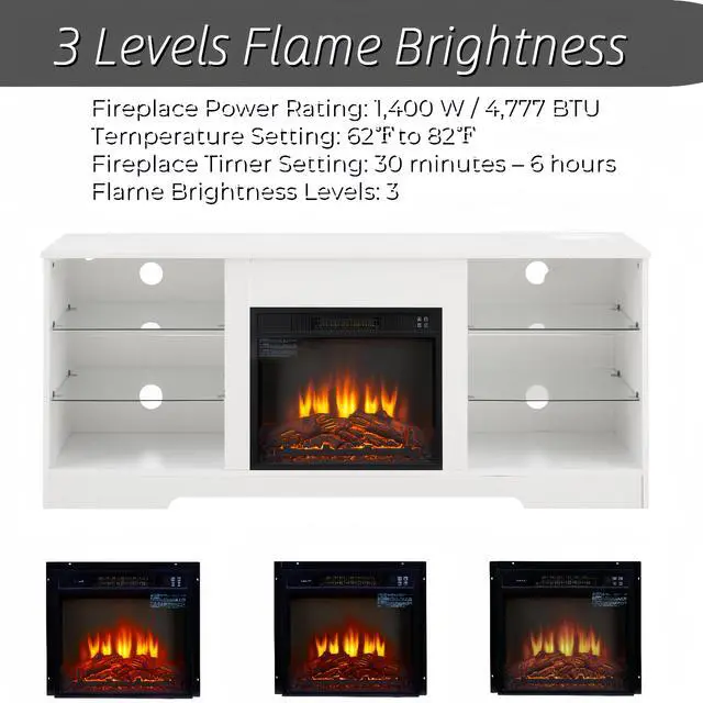 Alt view image 7 of 7 - TV Stand Electric Fireplace TV Stand with Glass Shelves, 3D Fireplace TV Stand with LED Lights Wood with USB Charging Outlet Modern Television Table Center for TV up to 32-62" White 58''W*15.4''D*24.4