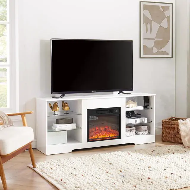 Alt view image 5 of 7 - TV Stand Electric Fireplace TV Stand with Glass Shelves, 3D Fireplace TV Stand with LED Lights Wood with USB Charging Outlet Modern Television Table Center for TV up to 32-62" White 58''W*15.4''D*24.4