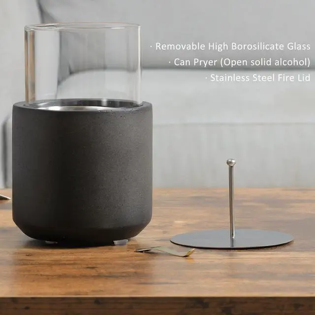 Alt view image 4 of 7 - Tabletop Fireplace, Mini Concrete Ethanol Fire Bowl with Lid, Burns up with Liquid Alcohol and Solid Tablet Alcohol, Dark Grey