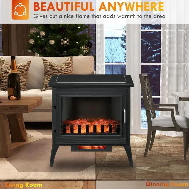 Alt view image 7 of 7 - 24" Electric Fireplace Stove, Freestanding Infrared Fire Place Heater with Realistic Logs Flame, Adjustable Temperature, Overheat Protection, 1000W/1500W, Black