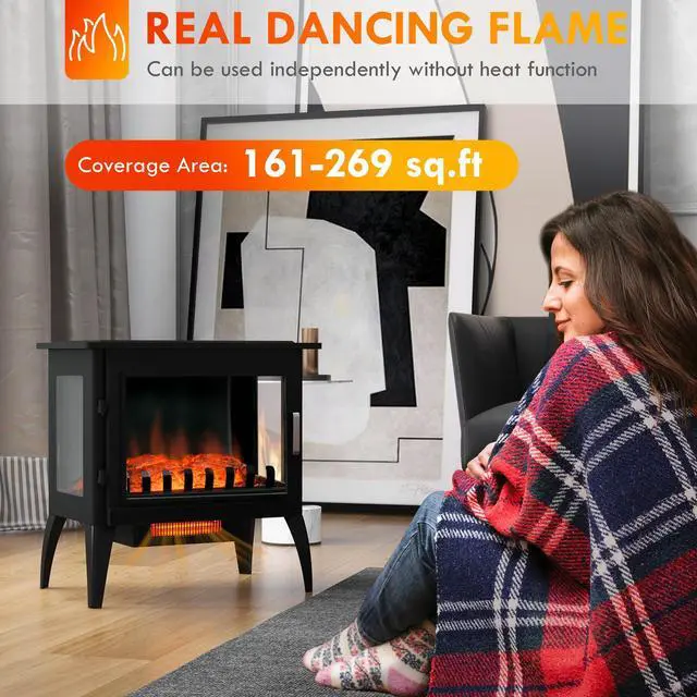 Alt view image 4 of 7 - 24" Electric Fireplace Stove, Freestanding Infrared Fire Place Heater with Realistic Logs Flame, Adjustable Temperature, Overheat Protection, 1000W/1500W, Black