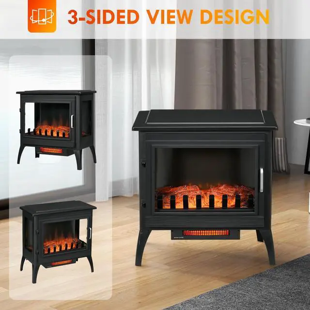 Alt view image 6 of 7 - 24" Electric Fireplace Stove, Freestanding Infrared Fire Place Heater with Realistic Logs Flame, Adjustable Temperature, Overheat Protection, 1000W/1500W, Black