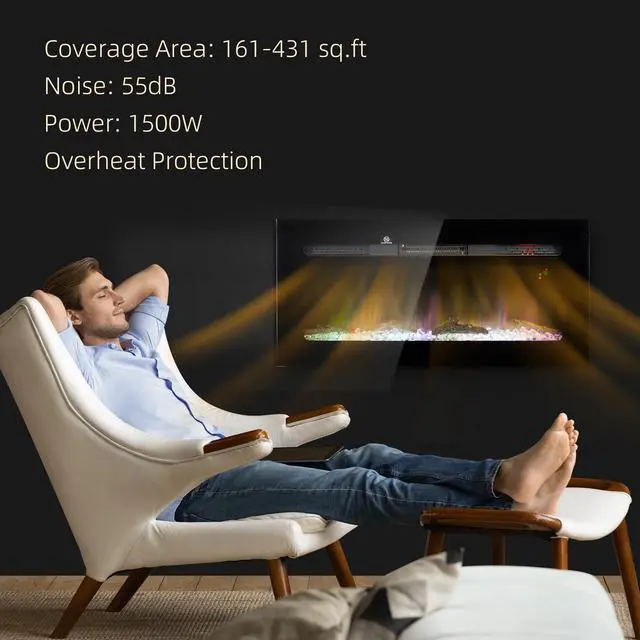 Alt view image 3 of 7 - HOMCOM 36" Electric Fireplace Recessed and Wall Mounted with Remote Control, 1500W Fireplace Heater with 8H Timer, Adjustable Flame Color and Brightness, Log and Crystal
