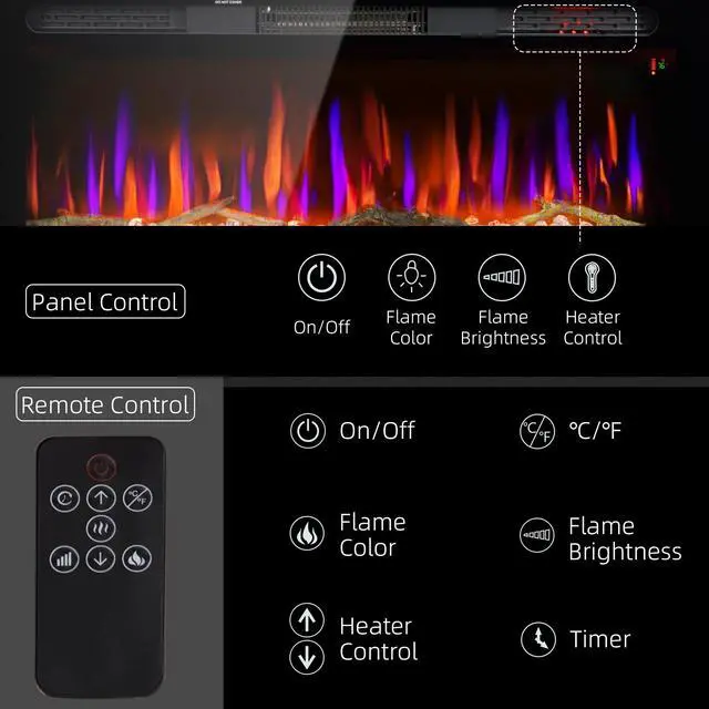 Alt view image 4 of 7 - HOMCOM 36" Electric Fireplace Recessed and Wall Mounted with Remote Control, 1500W Fireplace Heater with 8H Timer, Adjustable Flame Color and Brightness, Log and Crystal