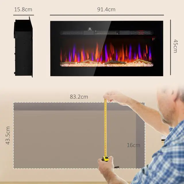 Alt view image 6 of 7 - HOMCOM 36" Electric Fireplace Recessed and Wall Mounted with Remote Control, 1500W Fireplace Heater with 8H Timer, Adjustable Flame Color and Brightness, Log and Crystal