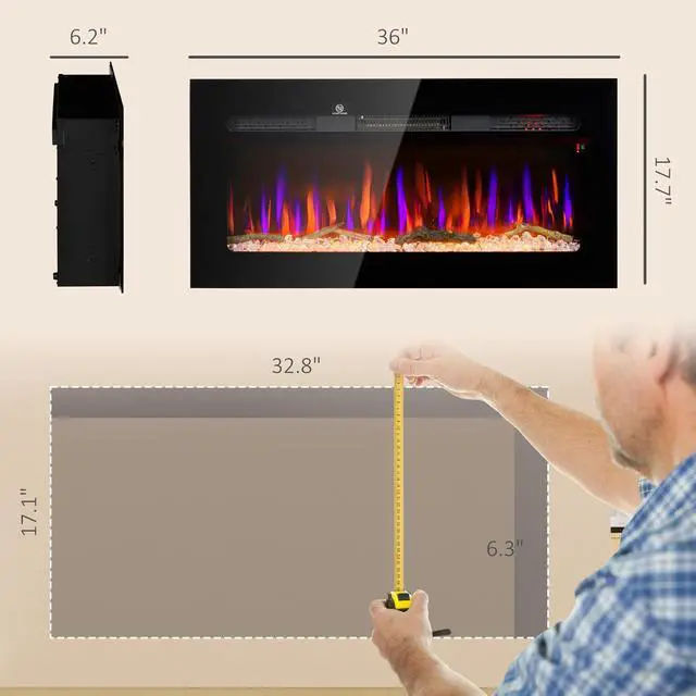 Alt view image 7 of 7 - HOMCOM 36" Electric Fireplace Recessed and Wall Mounted with Remote Control, 1500W Fireplace Heater with 8H Timer, Adjustable Flame Color and Brightness, Log and Crystal