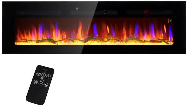 Main image of HOMCOM 60" Electric Fireplace Recessed and Wall Mounted with Remote Control, 1500W Fireplace Heater with 8H Timer, Adjustable Flame Color and Brightness, Log and Crystal