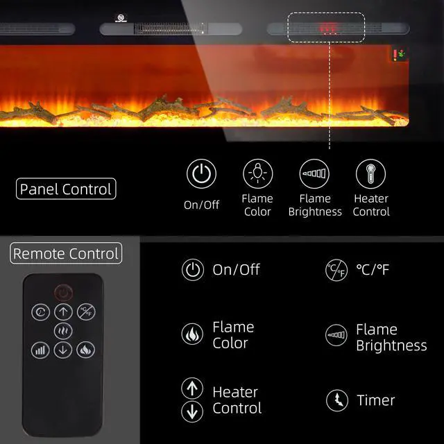 Alt view image 4 of 7 - HOMCOM 60" Electric Fireplace Recessed and Wall Mounted with Remote Control, 1500W Fireplace Heater with 8H Timer, Adjustable Flame Color and Brightness, Log and Crystal
