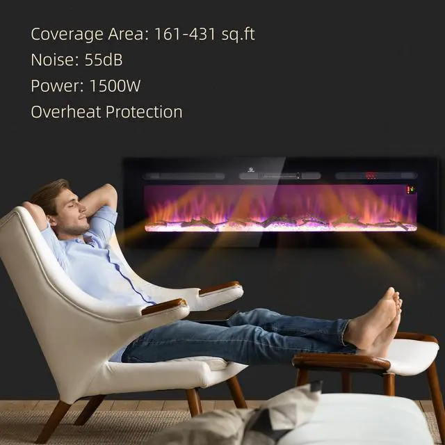 Alt view image 3 of 7 - HOMCOM 60" Electric Fireplace Recessed and Wall Mounted with Remote Control, 1500W Fireplace Heater with 8H Timer, Adjustable Flame Color and Brightness, Log and Crystal