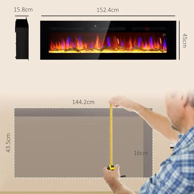 Alt view image 6 of 7 - HOMCOM 60" Electric Fireplace Recessed and Wall Mounted with Remote Control, 1500W Fireplace Heater with 8H Timer, Adjustable Flame Color and Brightness, Log and Crystal